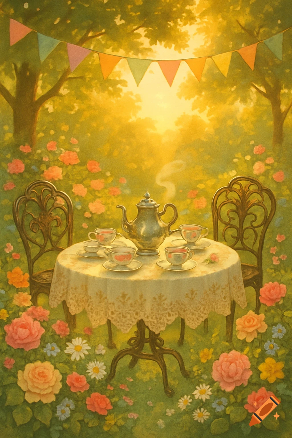 An illustrative painting of a tea party table with a silver teapot and cups, set in a lush garden with roses, under golden sunlight and colorful bunting.