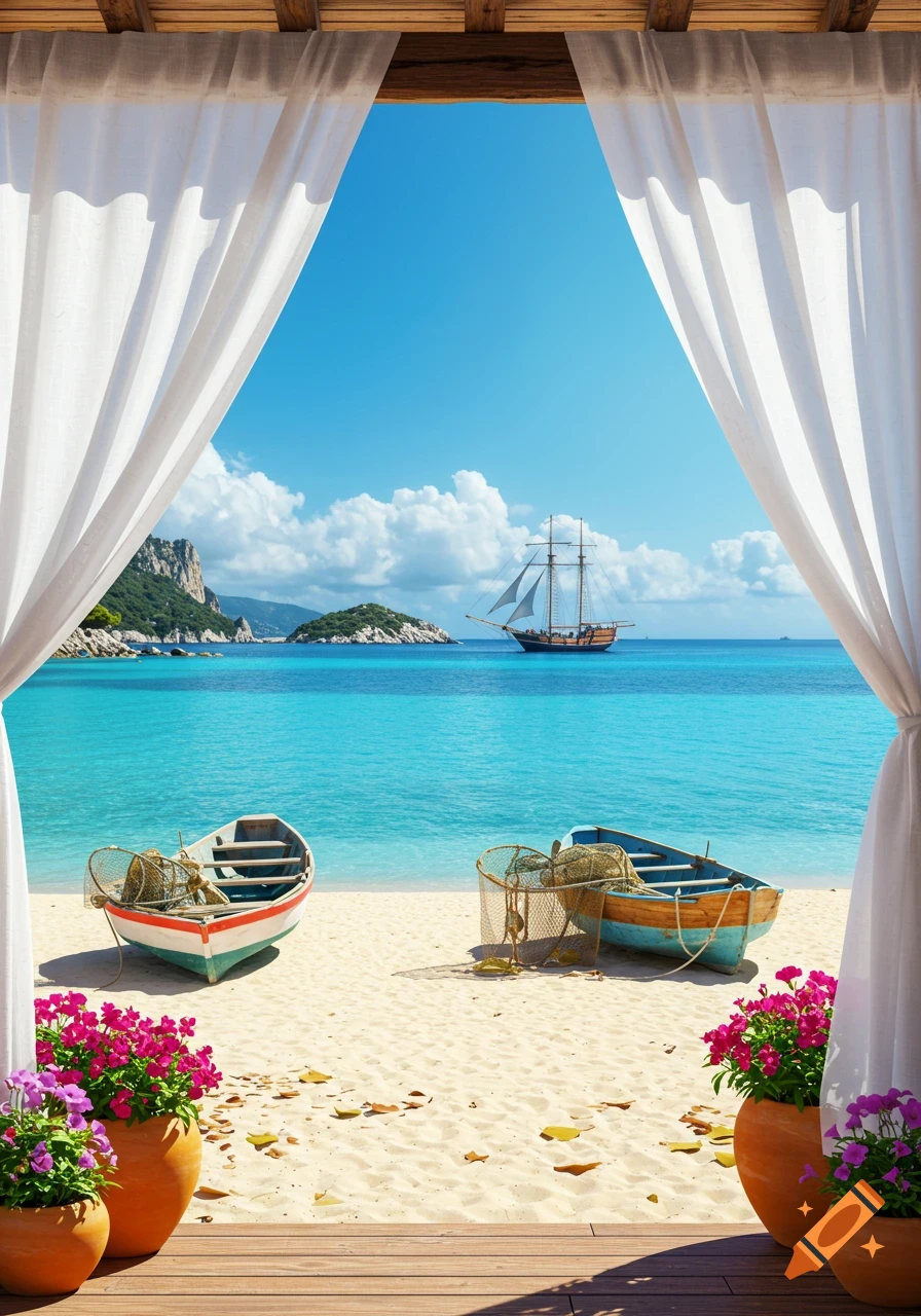 Photorealistic tropical beach view through white curtains. Turquoise ocean, white sand, fishing boats, and a distant sailing ship.