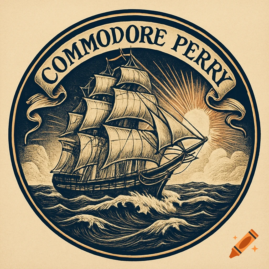 Vintage-style circular logo featuring a sailing ship on choppy waves under a sunburst, with the text "COMMODORE PERRY" arched above.