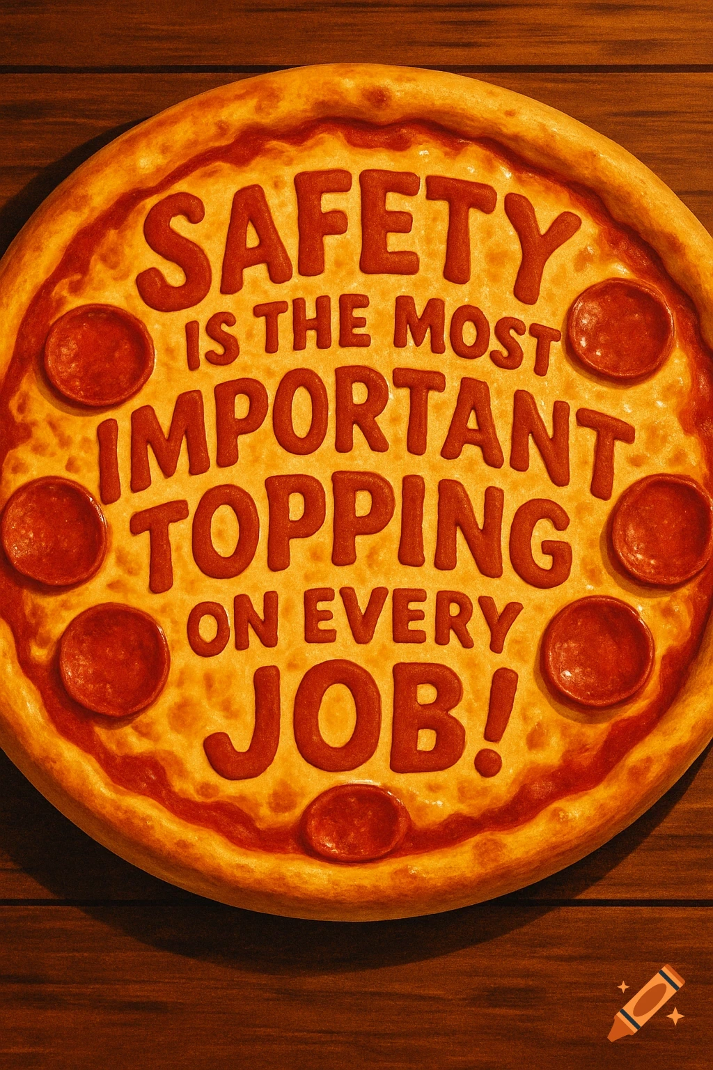 Overhead view of a pepperoni pizza with the message 'Safety is the most important topping on every job!' written in sauce.