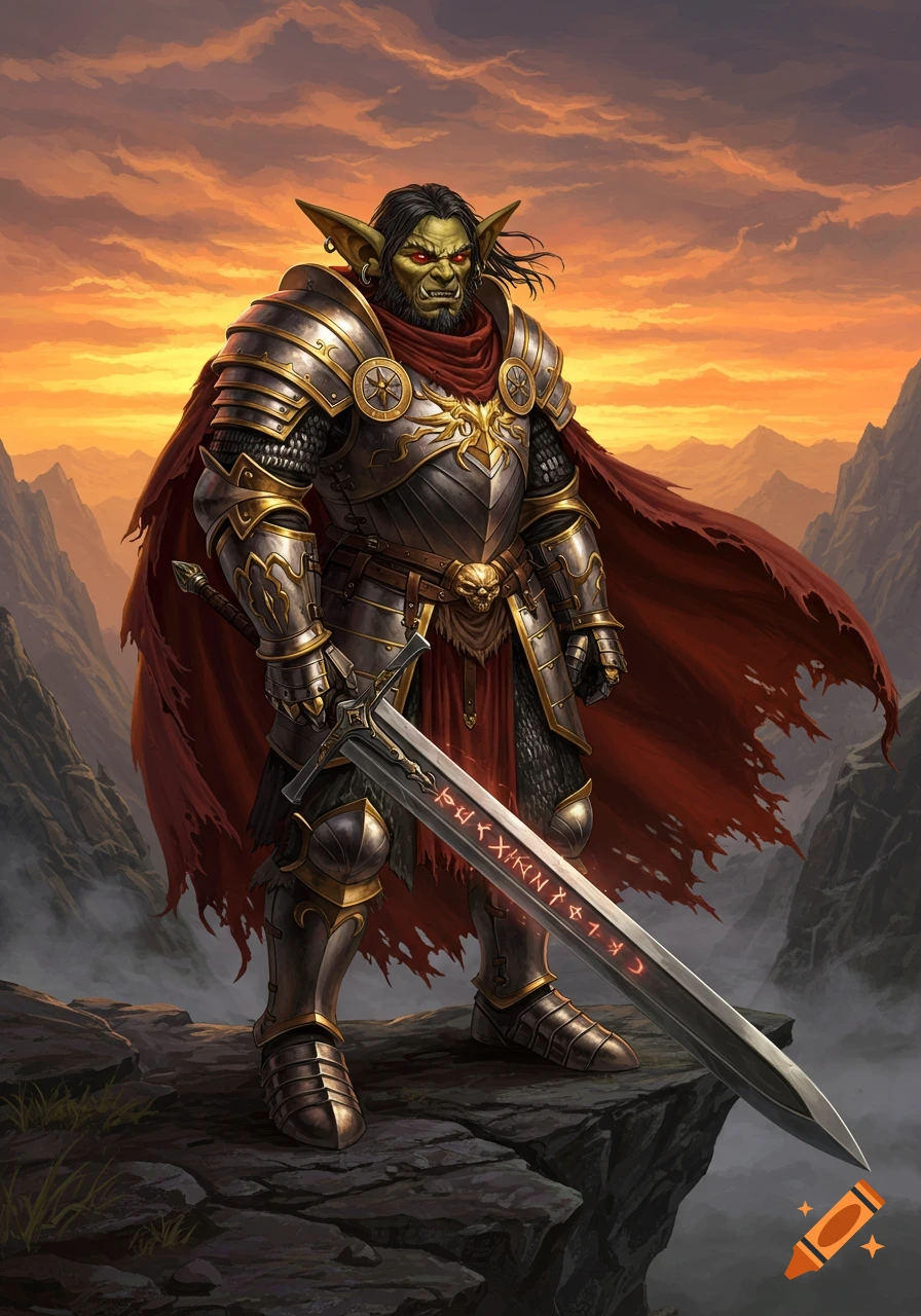A fierce green-skinned hobgoblin warrior in ornate plate armor and a red cape holds a glowing runic sword, standing on a rocky cliff with mountains and a fiery sunset behind him.
