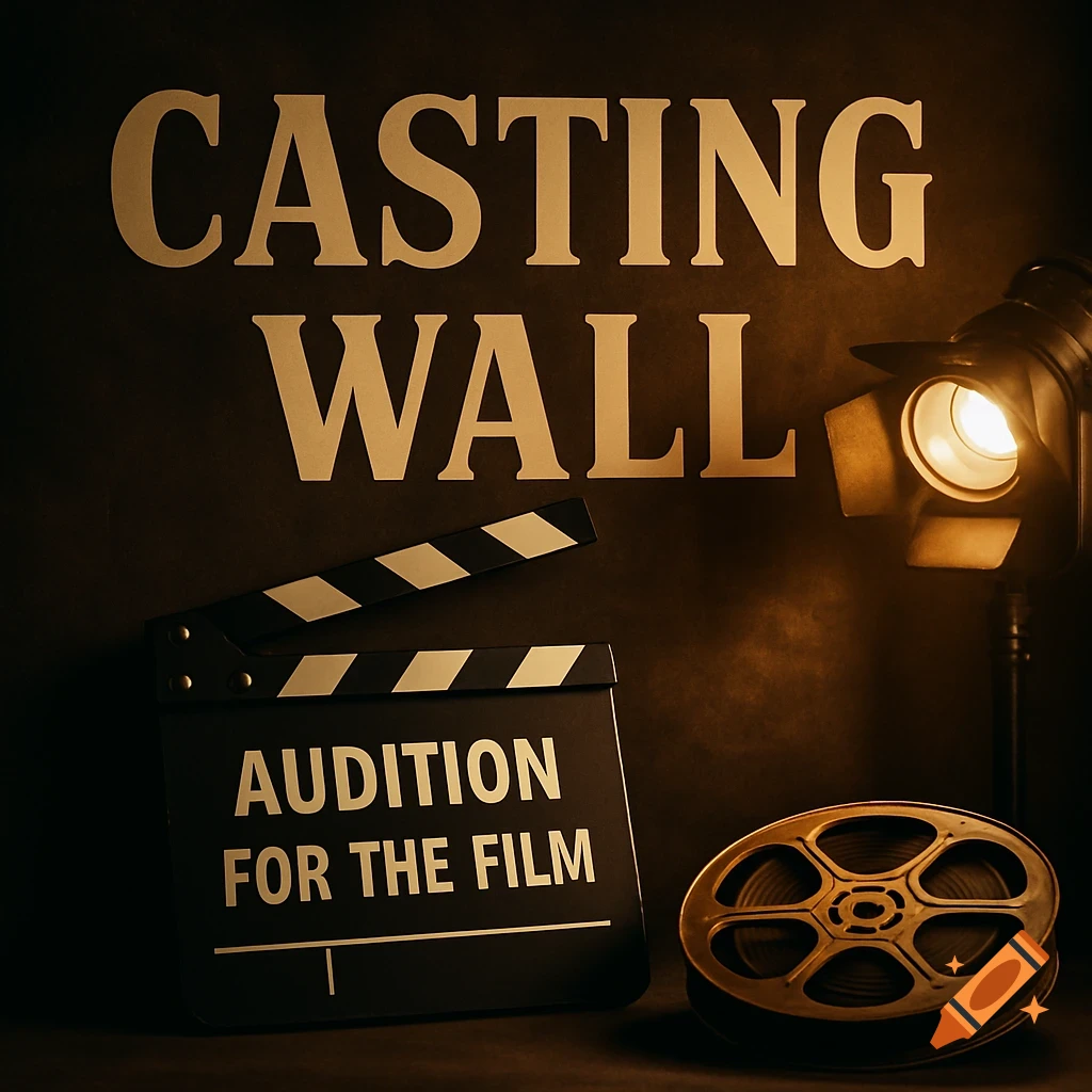 Cinematic scene with 'CASTING WALL' text, a clapperboard, spotlight, and film reel on a dark background.