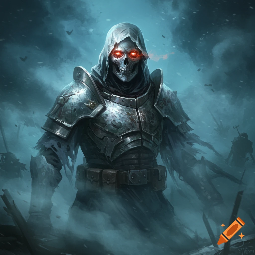 A hooded skeletal warrior in weathered metal armor with glowing red eyes stands in a misty, dark battlefield.
