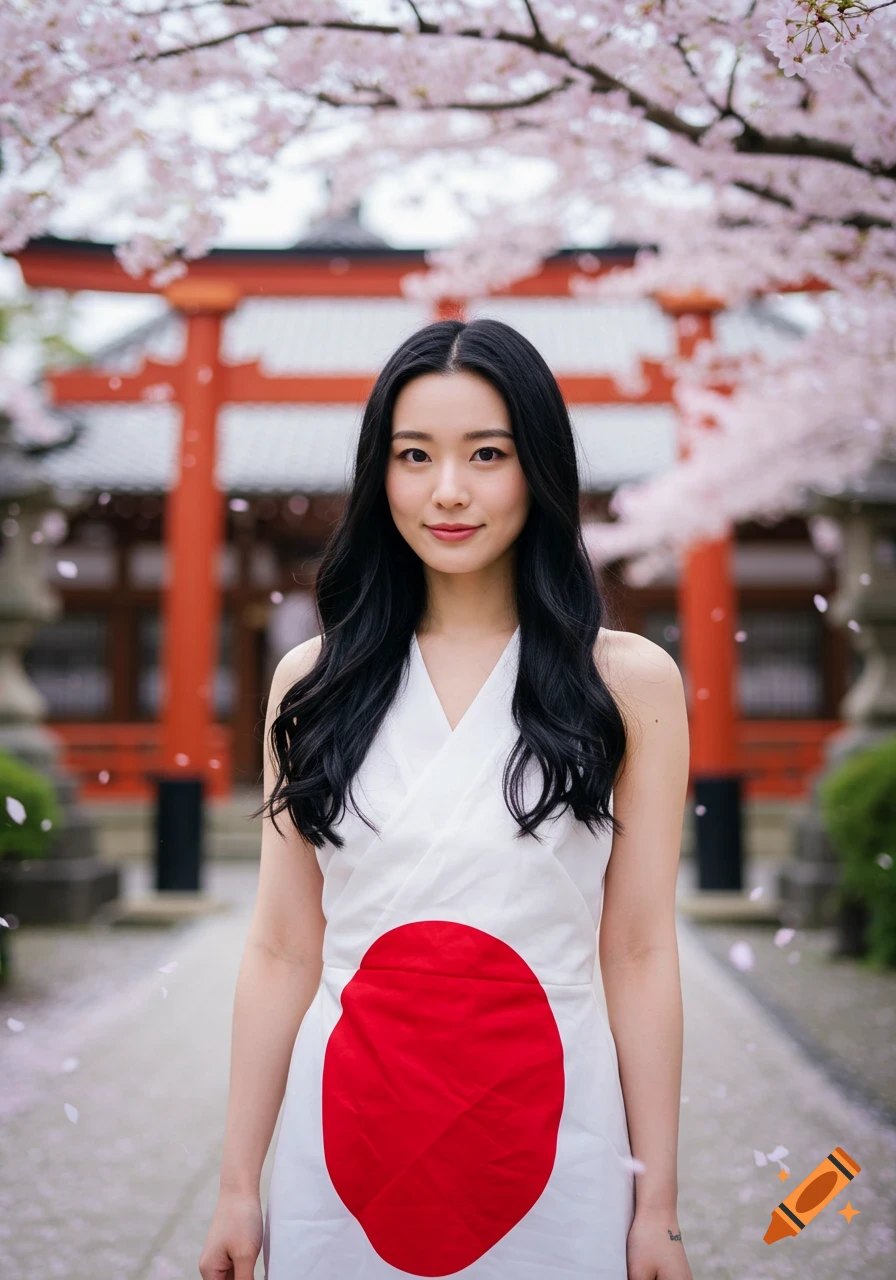 A Japanese woman with long black hair in a white dress with a red circle, standing before a red torii gate and cherry blossoms.