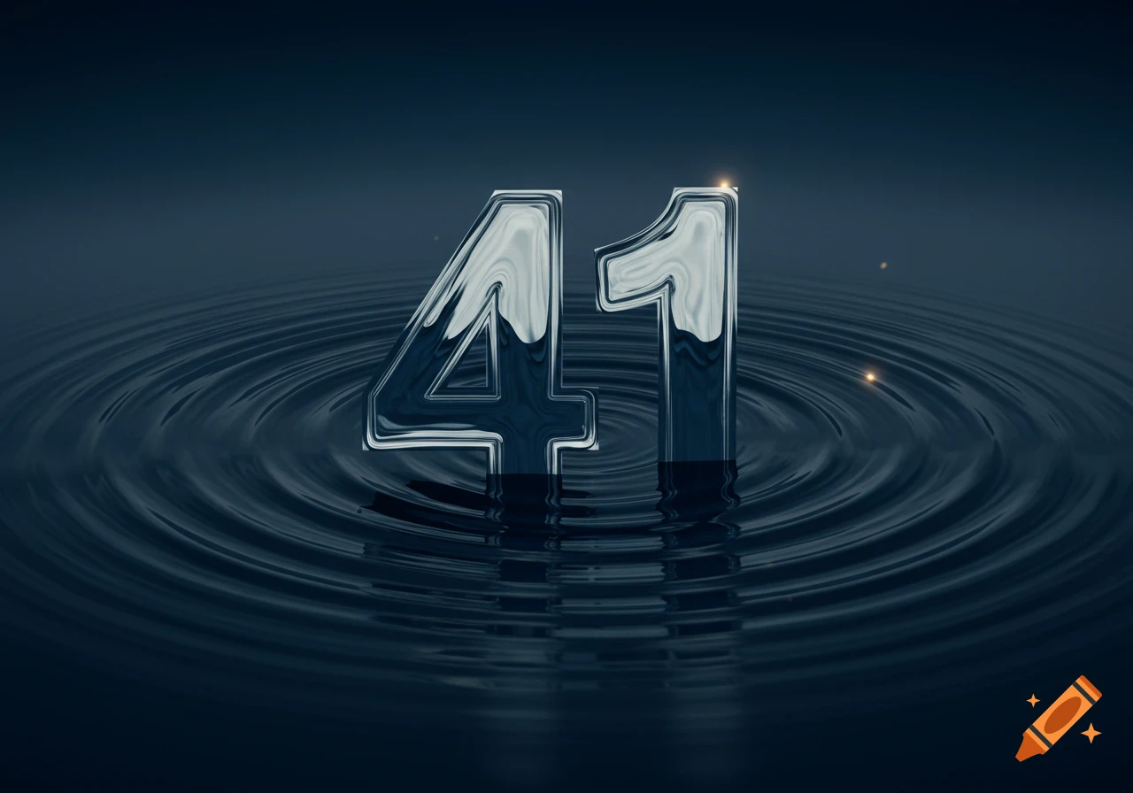 Metallic silver numbers '41' emerge from dark blue water, surrounded by ripples, with subtle golden reflections.