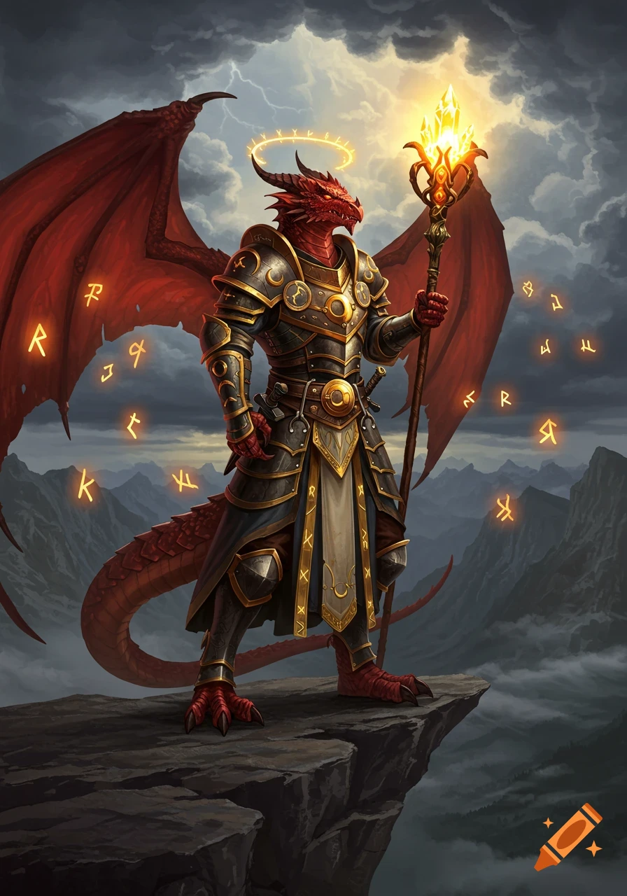 A red dragon-born cleric in ornate armor stands on a cliff, holding a glowing staff, with magical runes floating around a dark, cloudy sky.