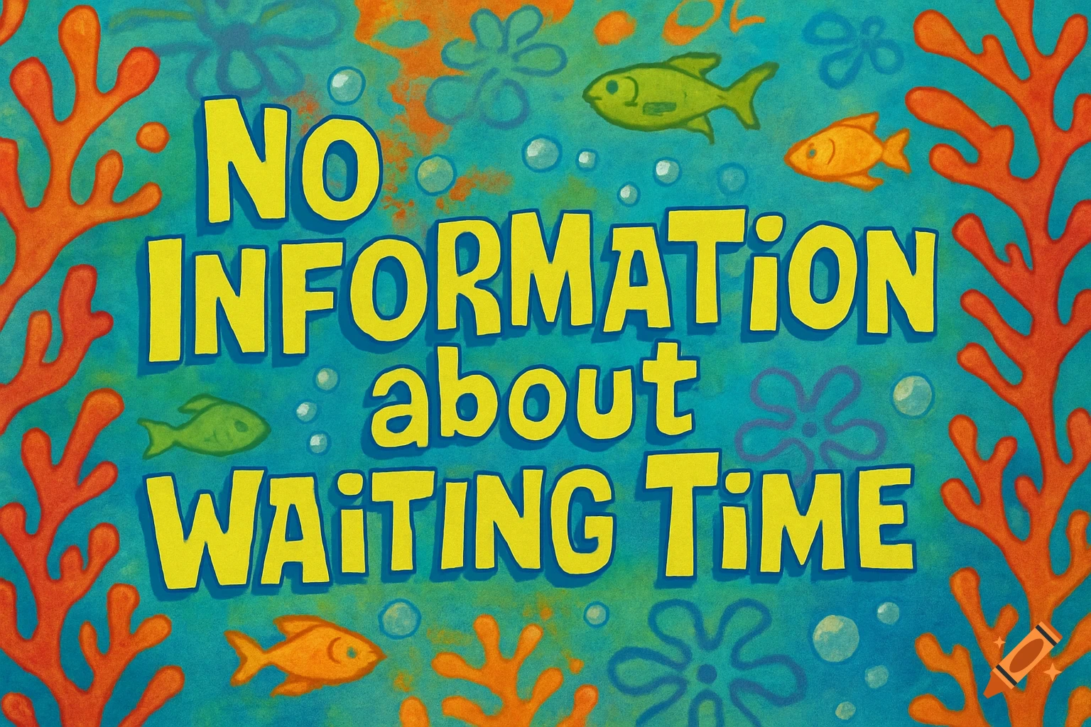 SpongeBob-style title card with yellow text 'NO INFORMATION about WAITING Time' in an underwater scene with coral and fish.