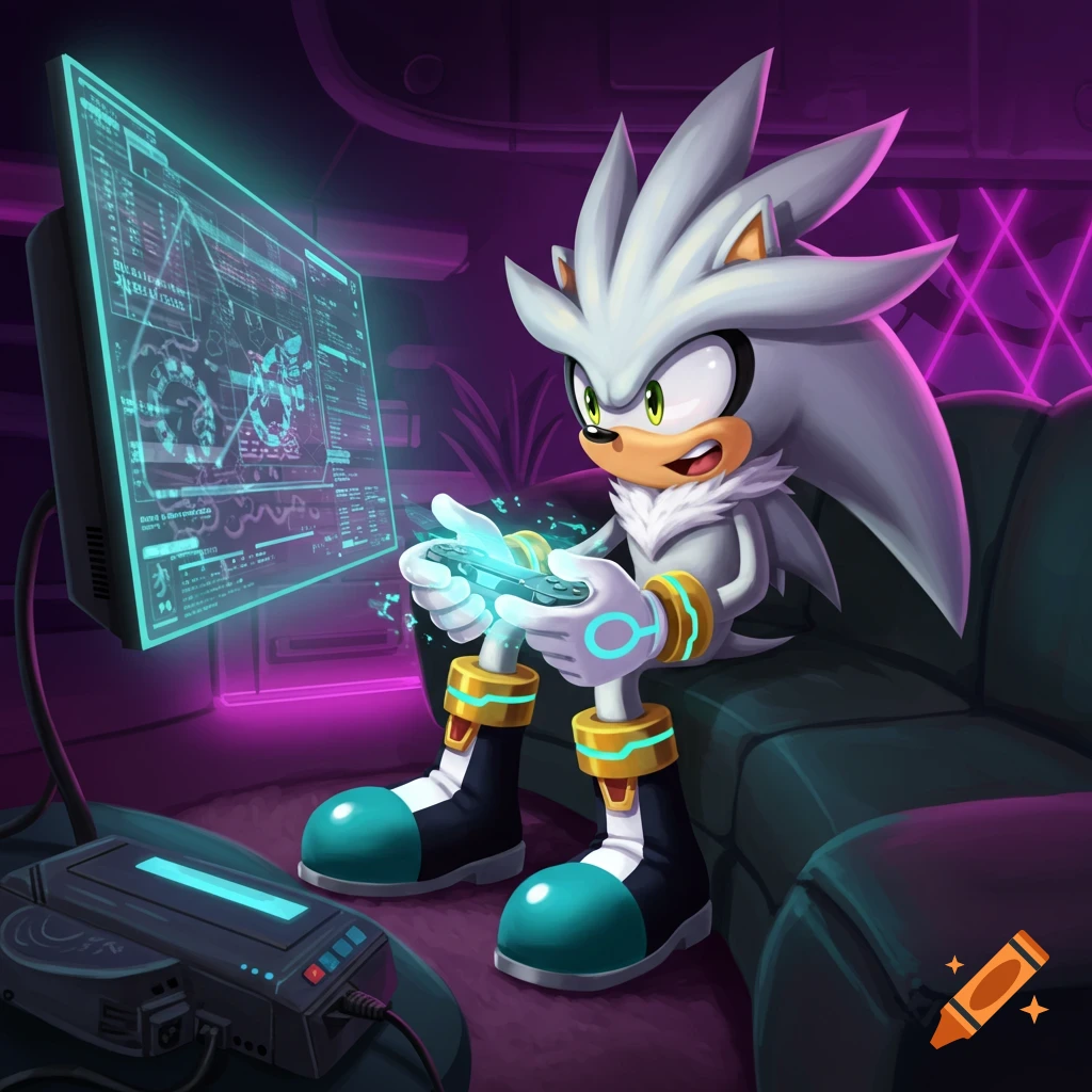 Silver the Hedgehog, a white hedgehog character, sits on a couch playing a video game on a glowing holographic screen in a neon-lit room.