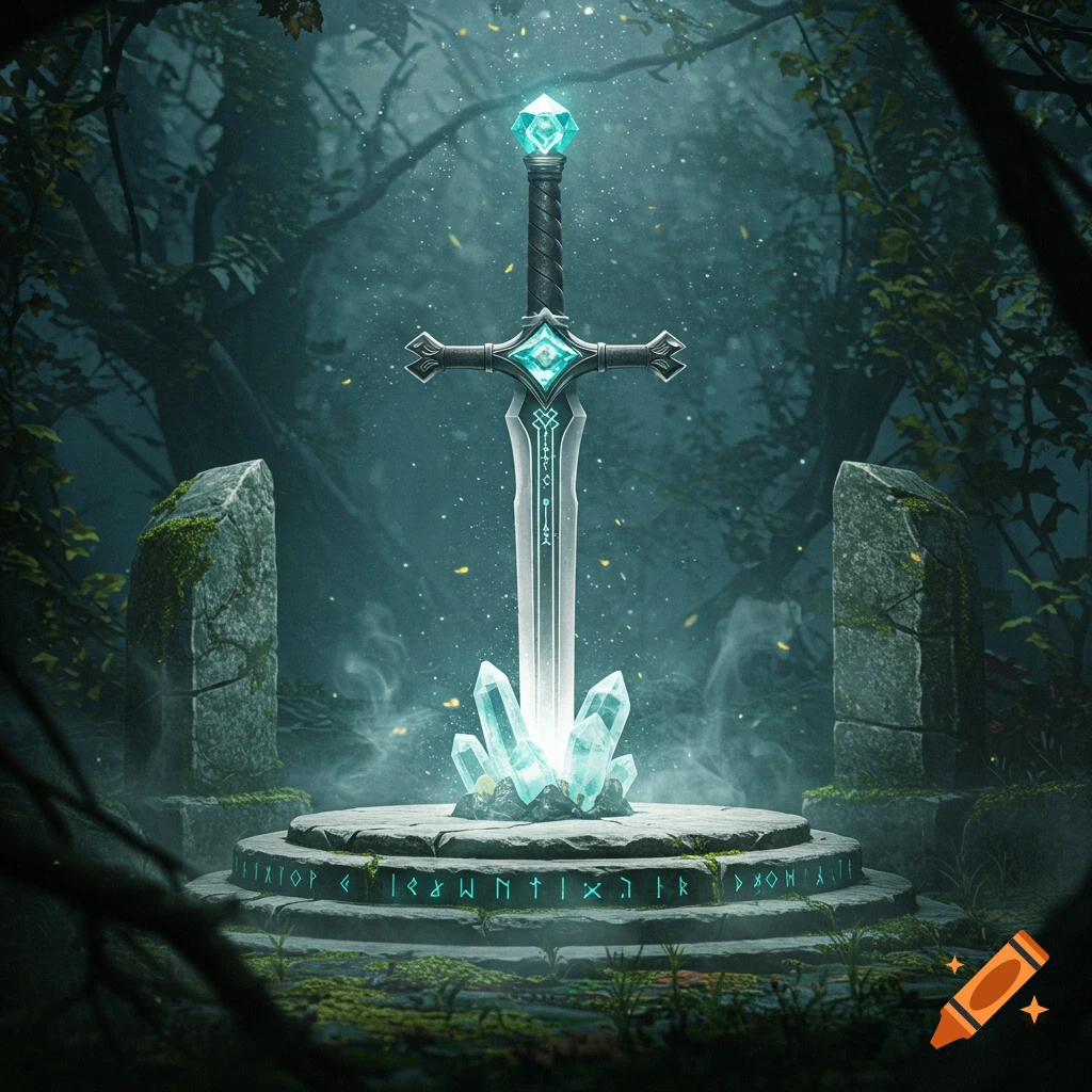 A glowing magical sword with a crystal pommel is embedded in a circular stone pedestal adorned with teal runes and surrounded by smaller crystals in a misty, dark forest.