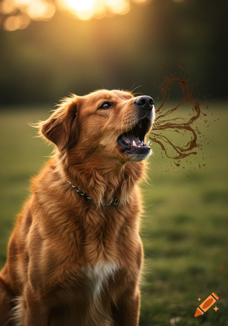 Photorealistic golden retriever barking with a brown starburst visualization from its mouth at sunset.