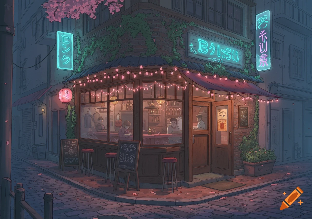 A charming anime-style bar at a city corner at night, lit by pink string lights and neon signs, with cherry blossoms above.