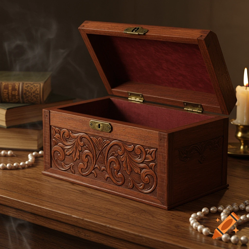 A carved wooden storage box with a red velvet interior, open on a table with old books, pearls, and a lit candle, in a warm, low-light setting.