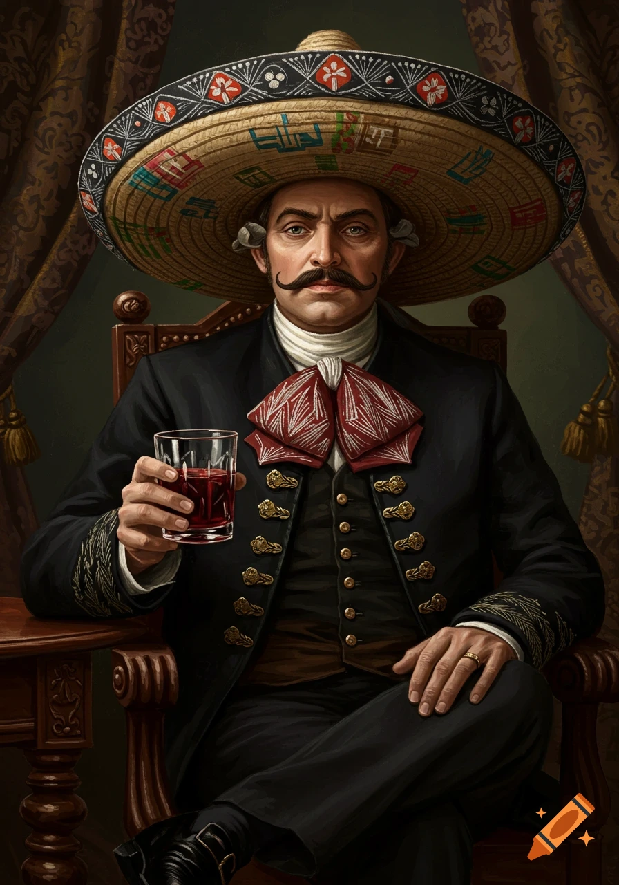 Realistic portrait of a man in an ornate sombrero and black suit, holding a glass of red liquid while seated.