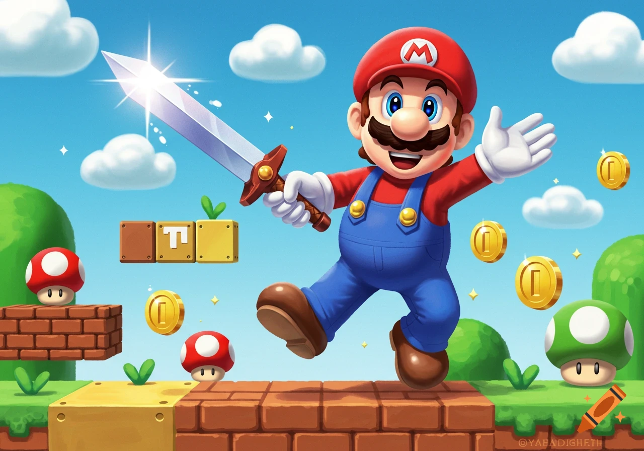 Mario in his iconic red and blue outfit, holding a shining sword and jumping in a bright, colorful video game landscape with floating coins, green hills, and red mushrooms.