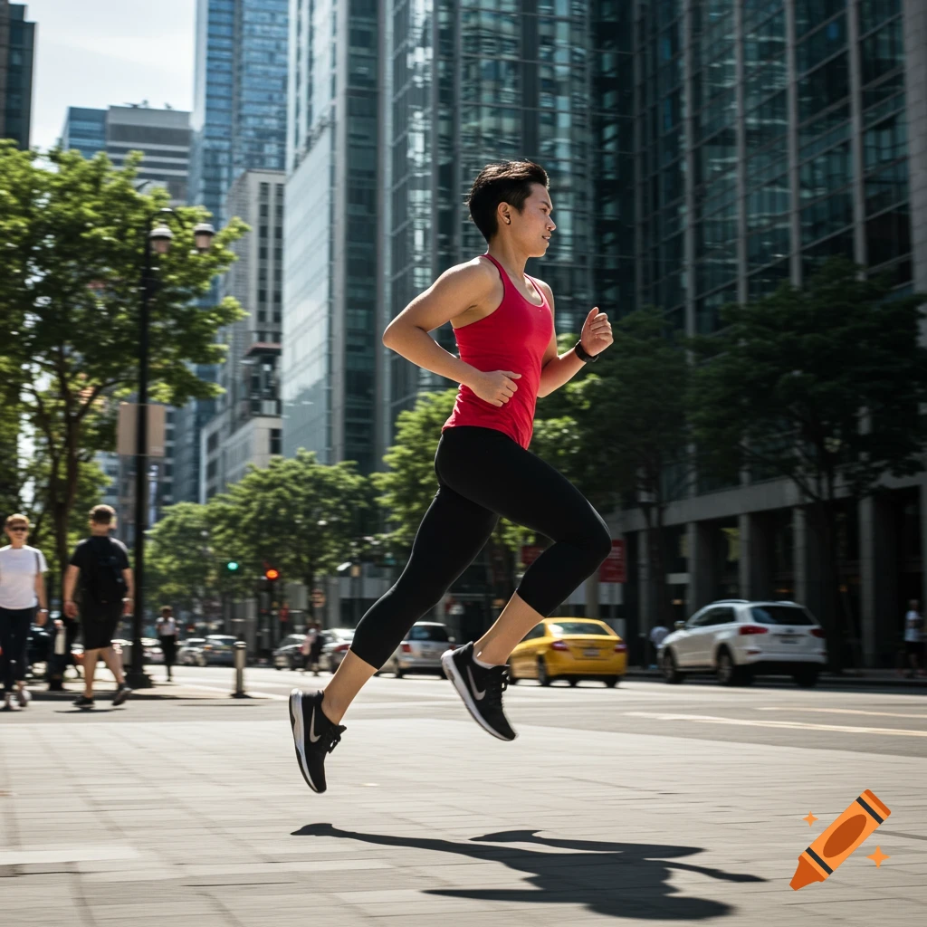 A person runs along a city sidewalk on a sunny day, with tall buildings and cars in the background.