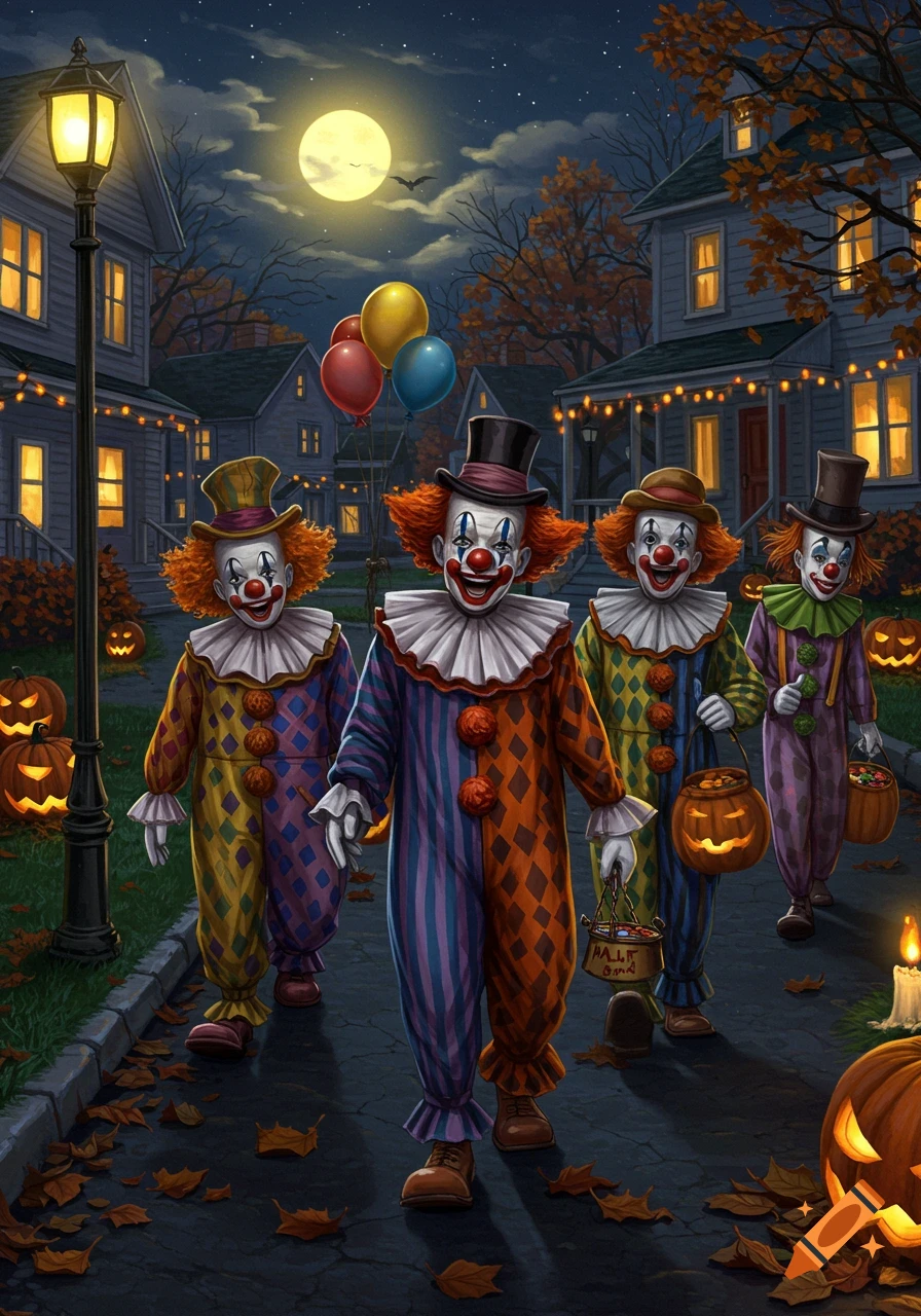 Four clowns in colorful costumes trick-or-treating down a moonlit street at night, with glowing jack-o'-lanterns and autumn leaves.