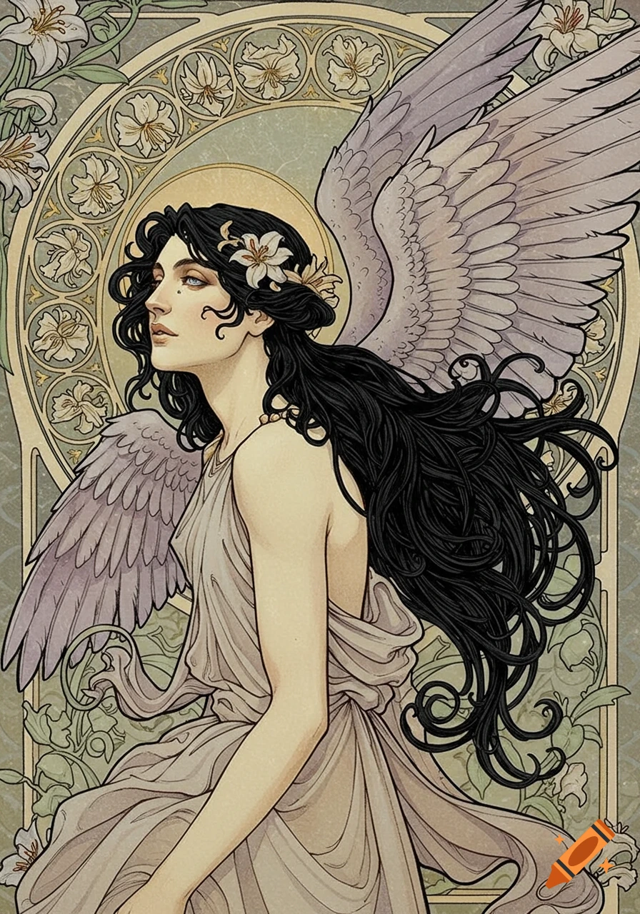 Art Nouveau illustration of a black-haired winged woman with lilies and an ornate background.