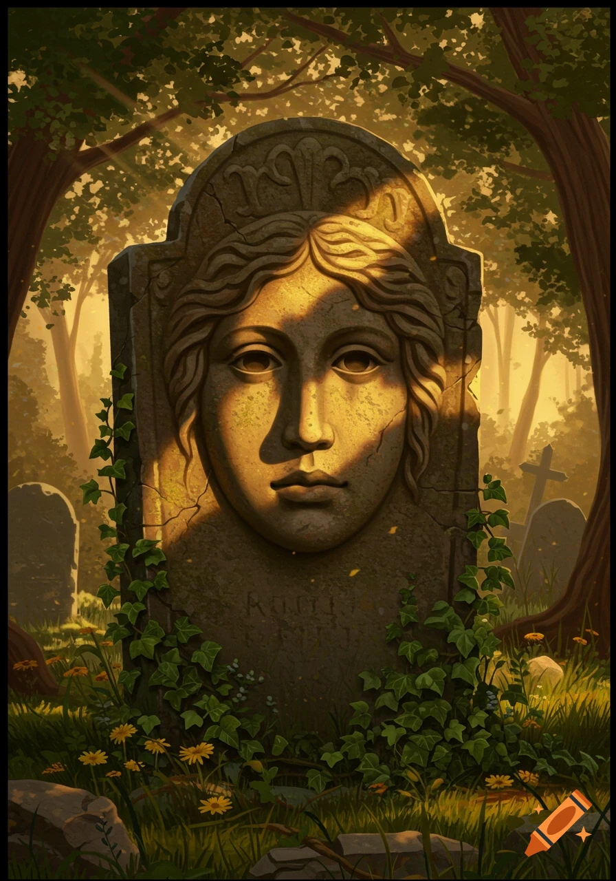 A detailed stone tombstone with a woman's carved face and ivy in a sun-dappled graveyard, with trees and wildflowers in a painterly style.