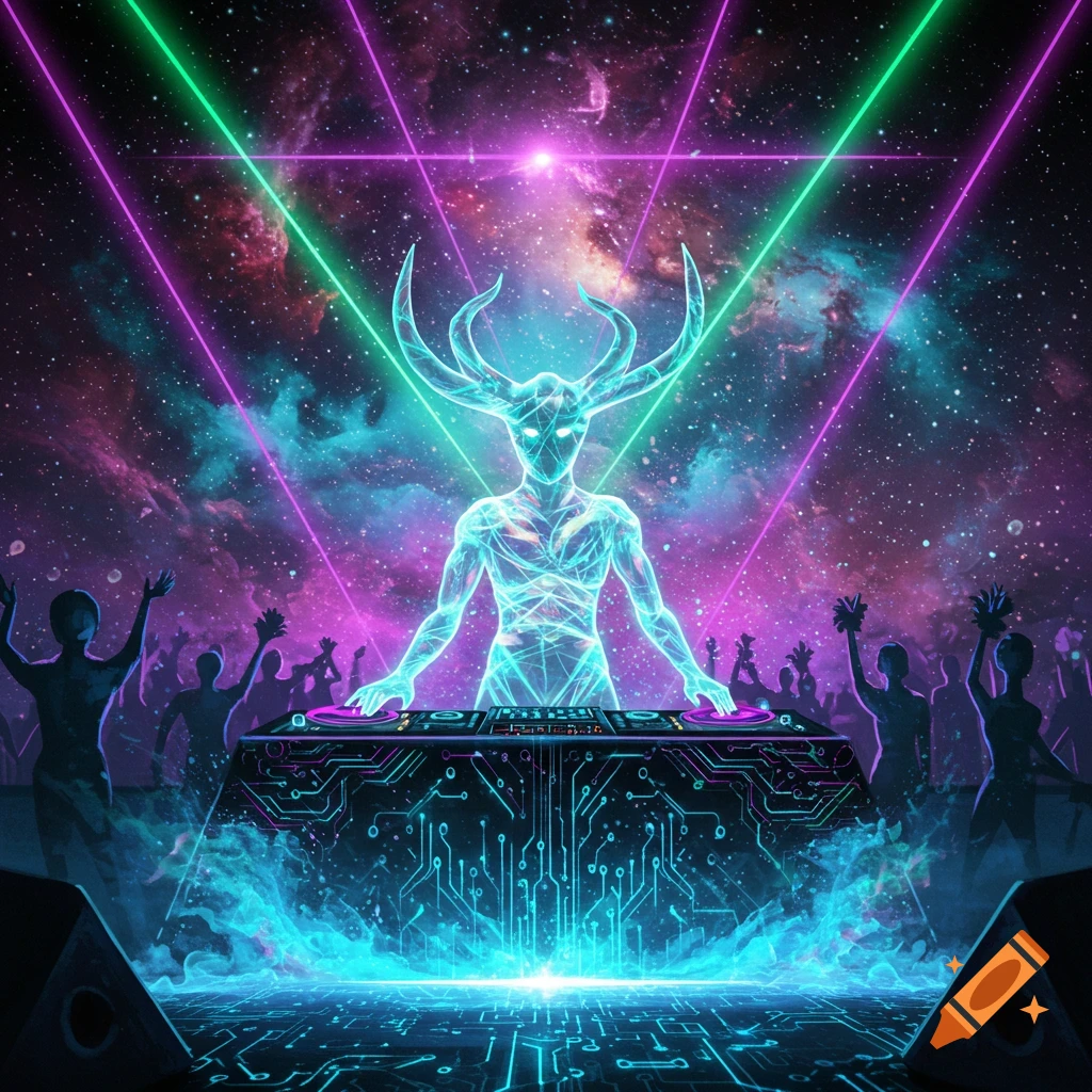 A glowing alien DJ with antlers plays a circuit board mixer at a neon-lit rave under a cosmic sky with silhouetted dancers.