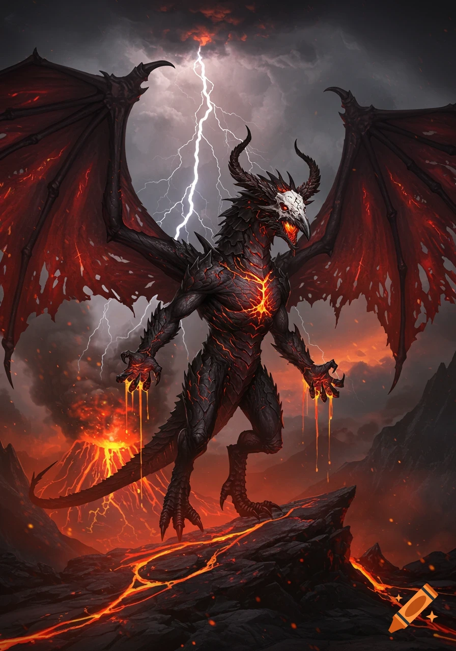 A four-winged demon dragon with obsidian scales and glowing magma veins, wearing a white crow mask, stands in a volcanic landscape with lightning.