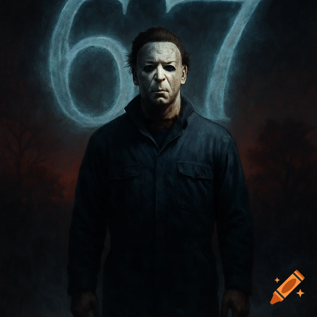 Michael Myers in a dark blue jumpsuit with glowing numbers '67' behind him against an eerie, dark background.