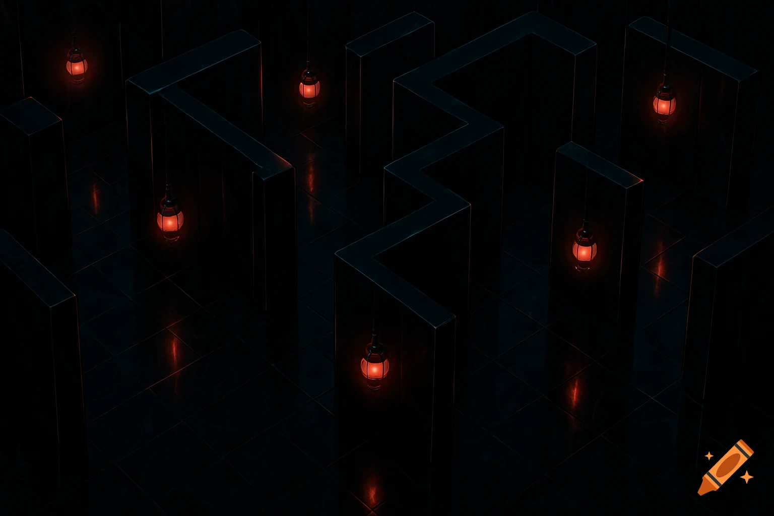 Top-down view of a dark obsidian maze with narrow walls and glowing red lanterns reflecting on the floor.