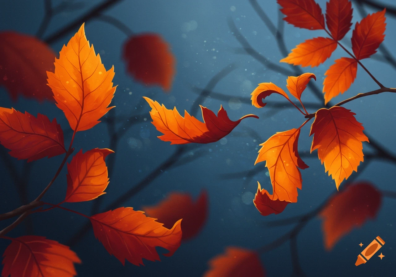 Stylized orange and red autumn leaves on dark branches against a deep blue background with faint light specks.