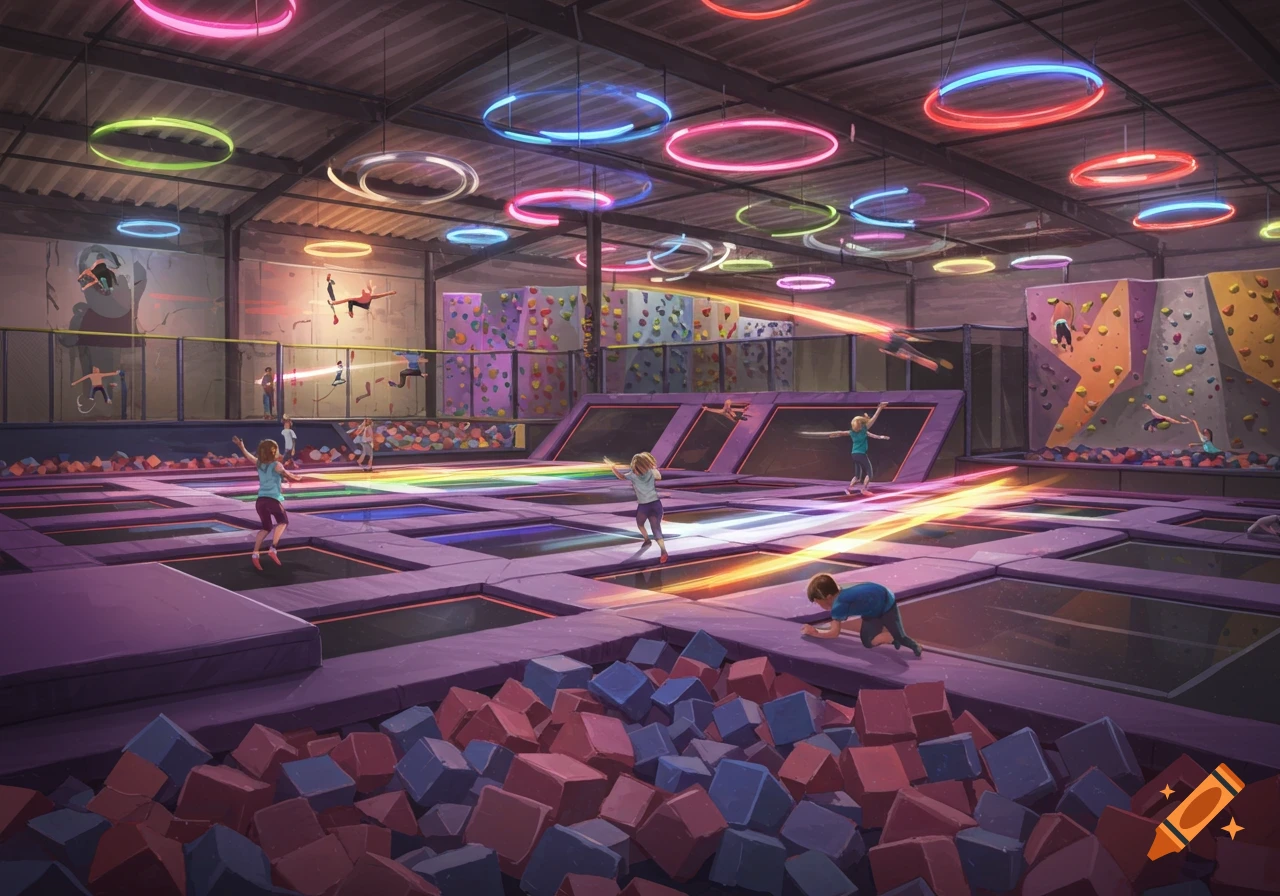 A vibrant indoor trampoline park with multiple trampolines, a foam pit, climbing walls, and children playing under colorful neon ring lights.