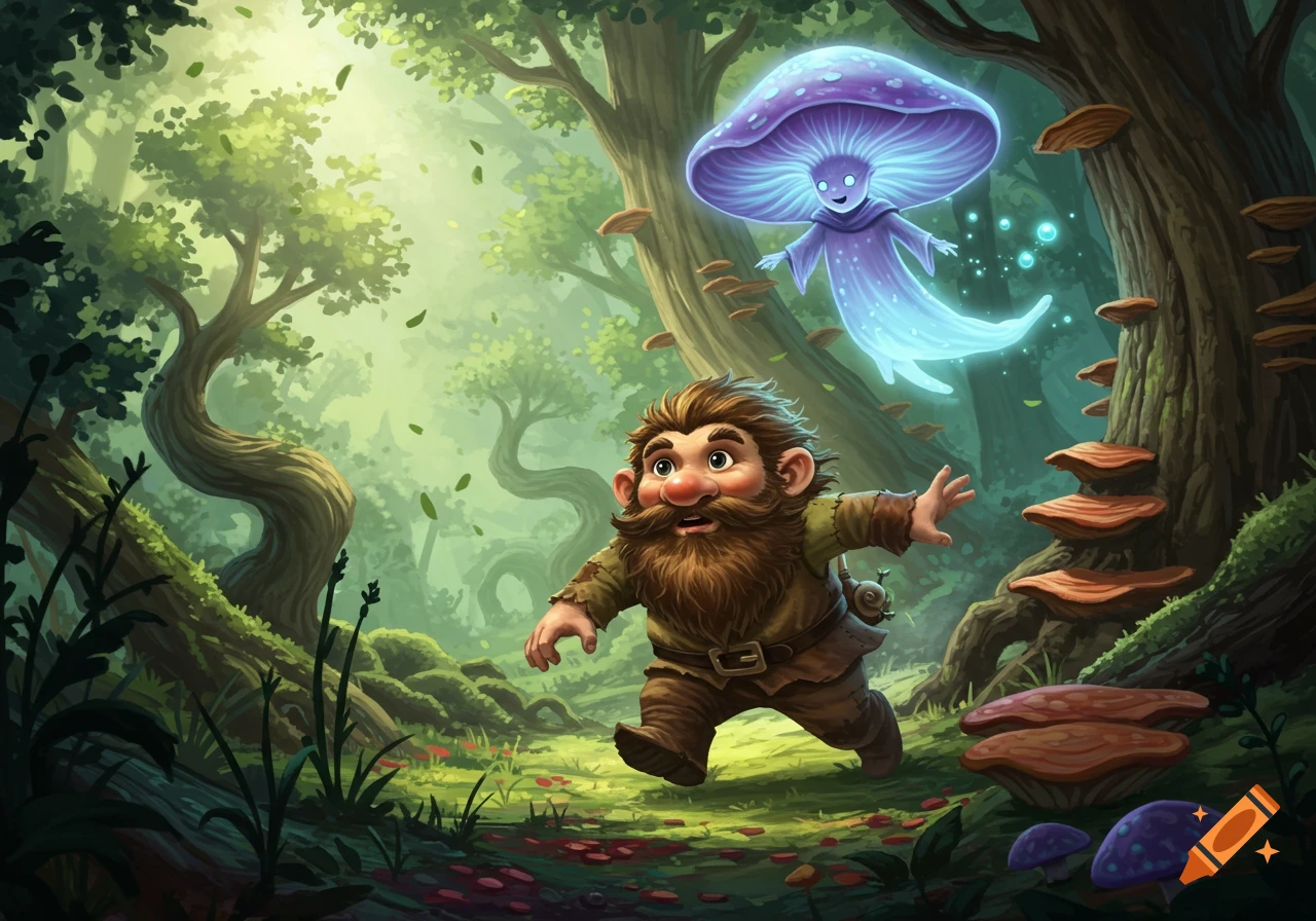 A cartoonish, bearded gnome runs through a bright fantasy forest, pursued by a glowing purple mushroom spirit.
