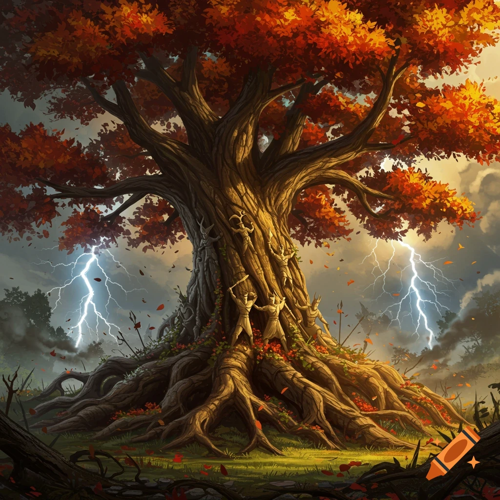 A large, ancient tree with red-orange autumn leaves, warrior figures ...