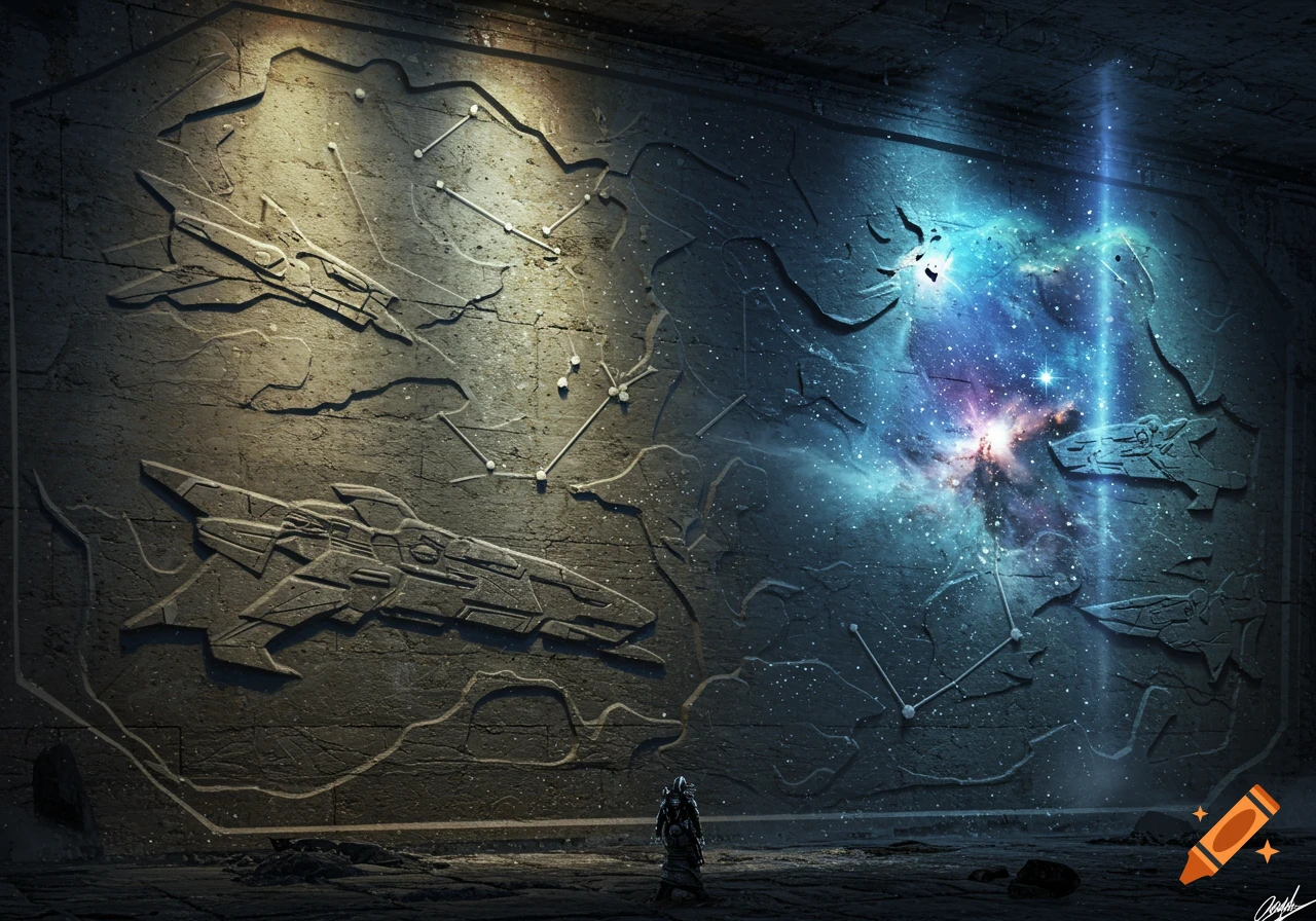 A person stands before a large stone mural depicting carved spaceships, constellations, and a glowing cosmic nebula.
