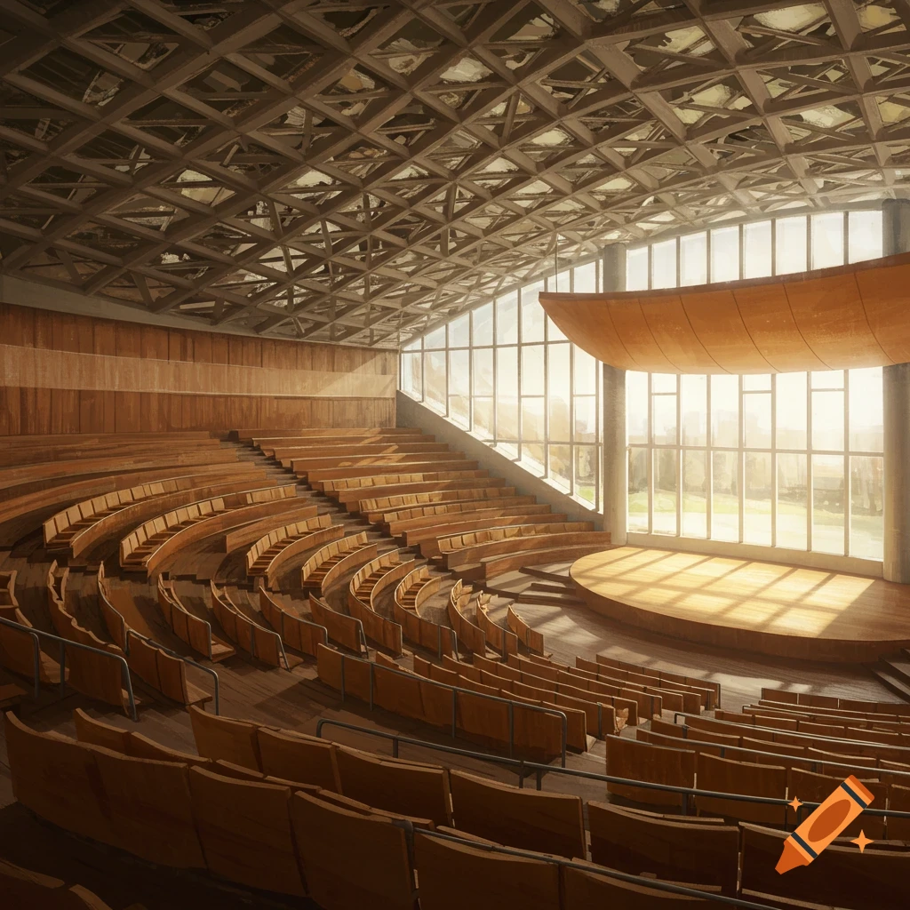 An empty, modern university amphitheater with tiered wooden seating, a circular stage, and large windows.