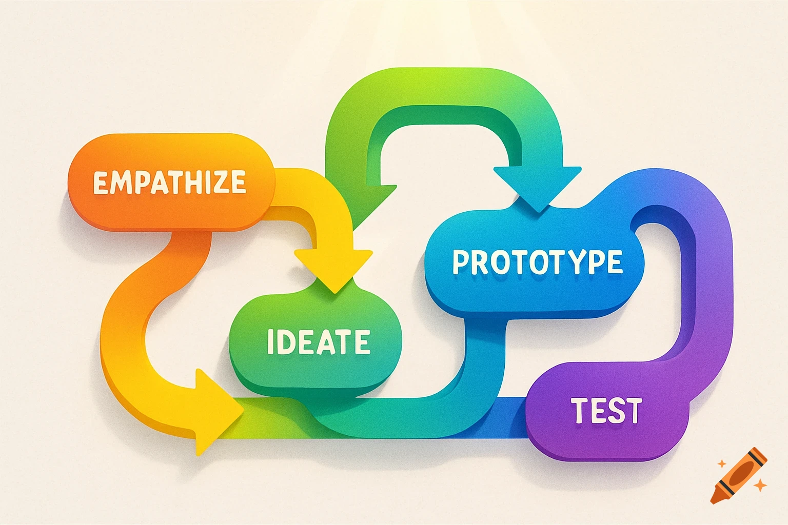 Colorful 3D flowchart illustrating a Design Thinking process with steps: Empathize, Ideate, Prototype, Test.