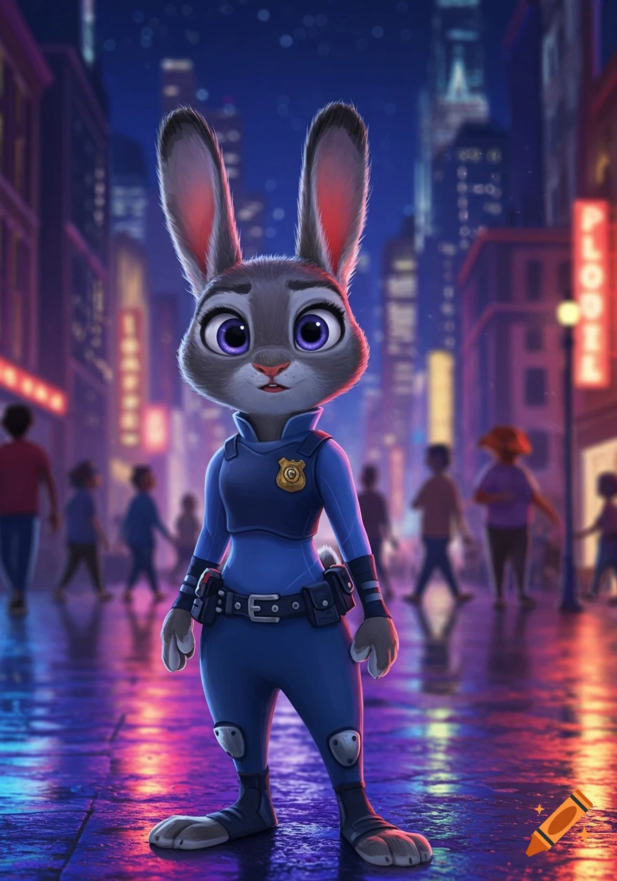 Animated Judy Hopps in police uniform stands on a wet street in a neon-lit city at night.