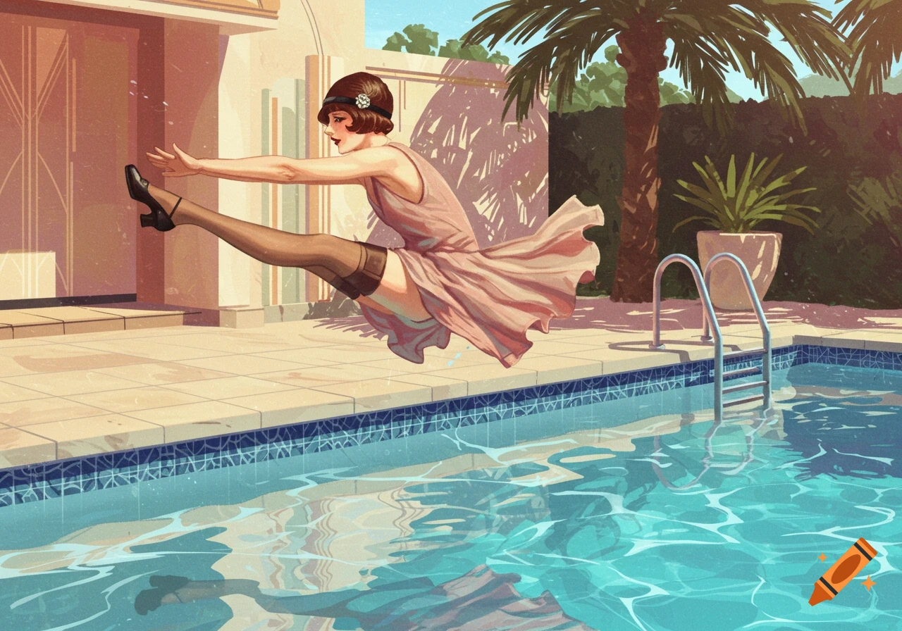A short-haired 1920s flapper in a dress and stockings leaps into a swimming pool beside a palm tree, in an Art Deco style.