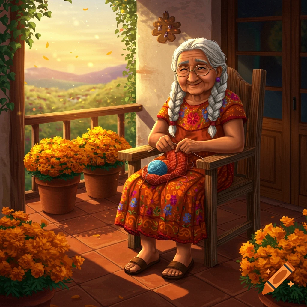 An elderly woman with gray braids and glasses smiles while knitting on a balcony adorned with marigolds at sunset, in an animated style.