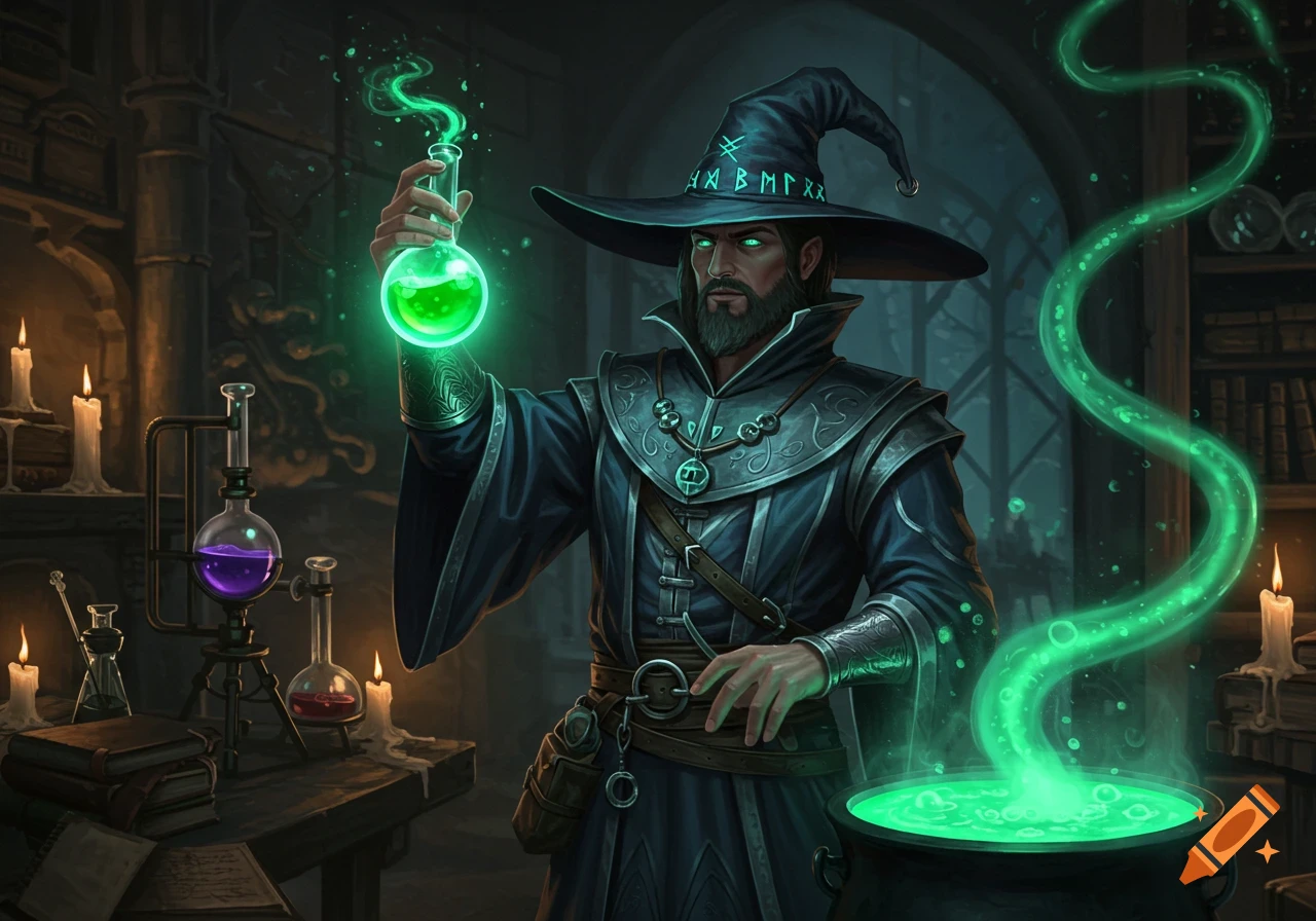 A wizard in a dark, magical laboratory holds a glowing green flask above a cauldron with a matching green potion, surrounded by candles and other alchemy equipment.