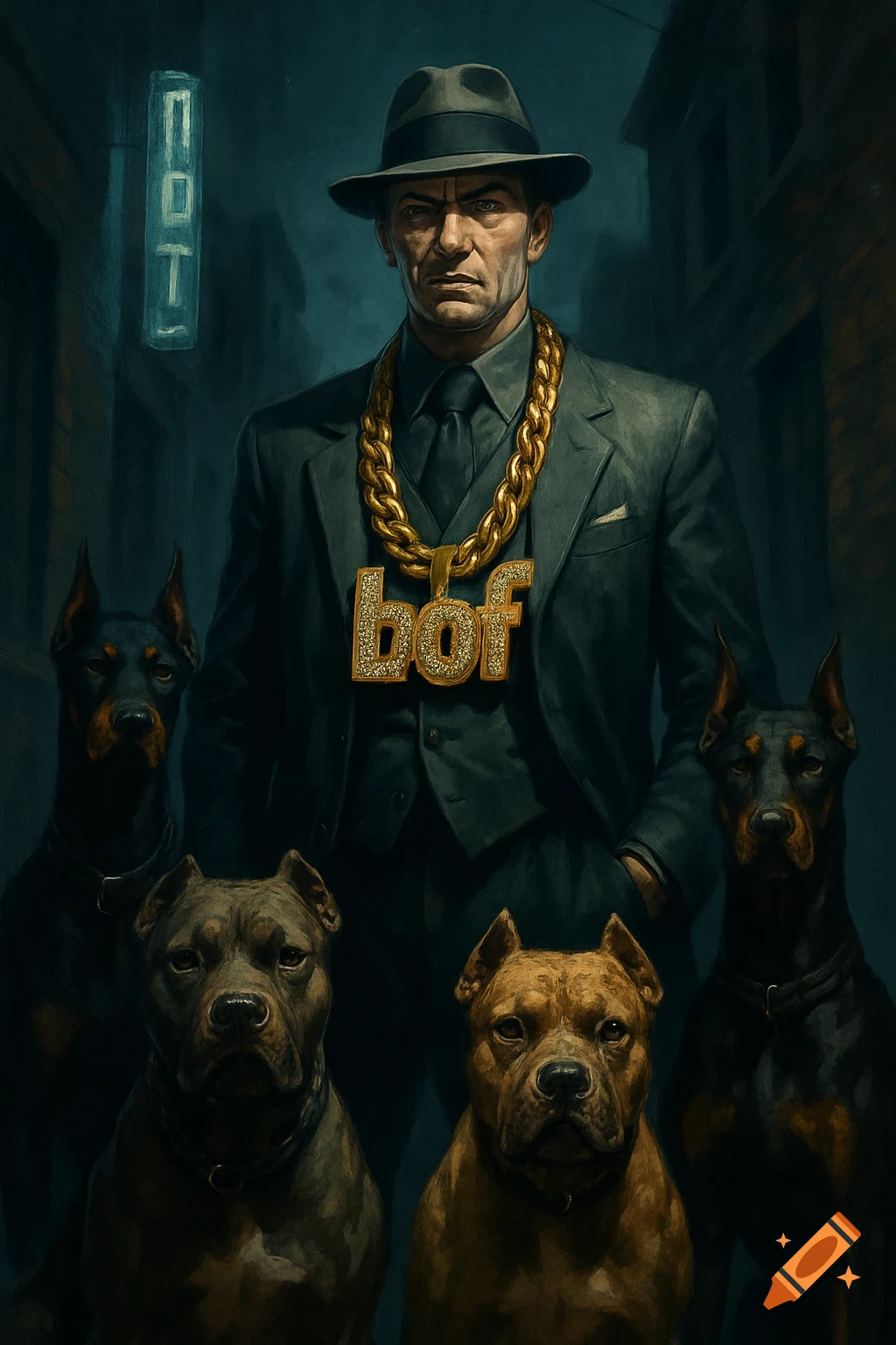 A stern man in a dark suit and fedora wears a large gold chain with "bof" written on it, flanked by four dogs. The scene is dark and moody, with a neon sign in the background.