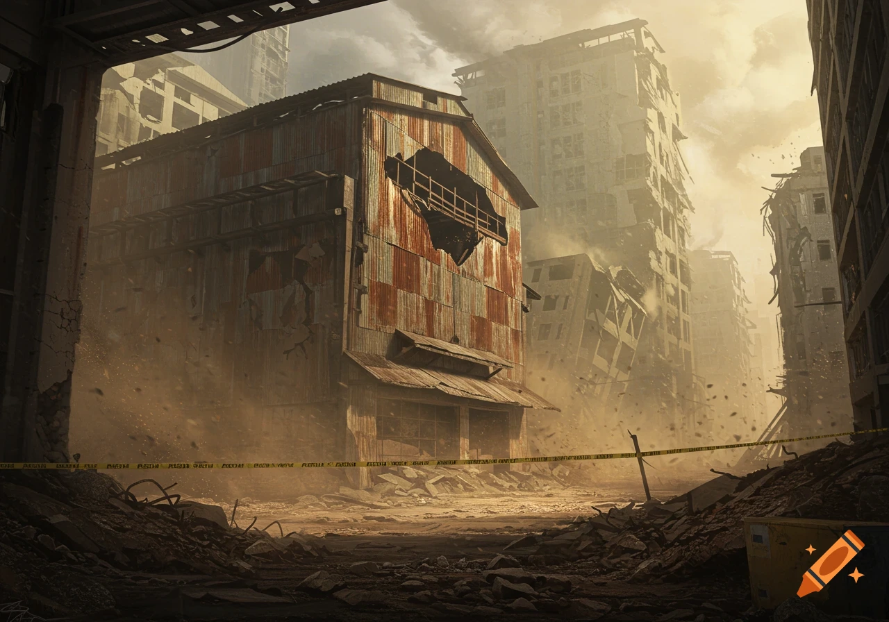 A ruined city street featuring a damaged corrugated metal warehouse, rubble, and collapsing buildings under a dusty, hazy sky. Yellow tape cordons off the foreground.