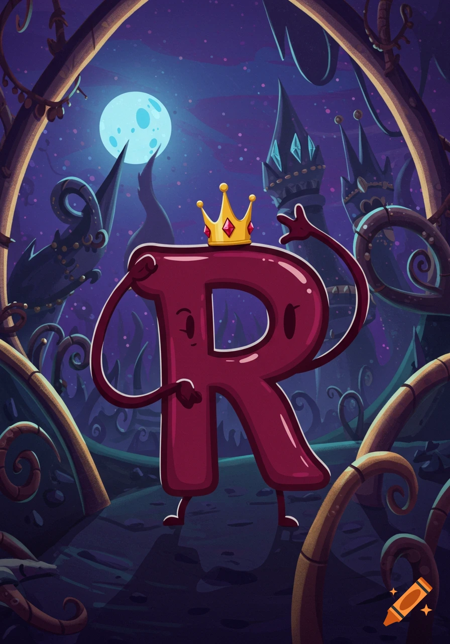 A maroon cartoon letter R with a gold crown, arms, and legs stands in a whimsical, dark fantasy landscape with a bright moon and castle spires.