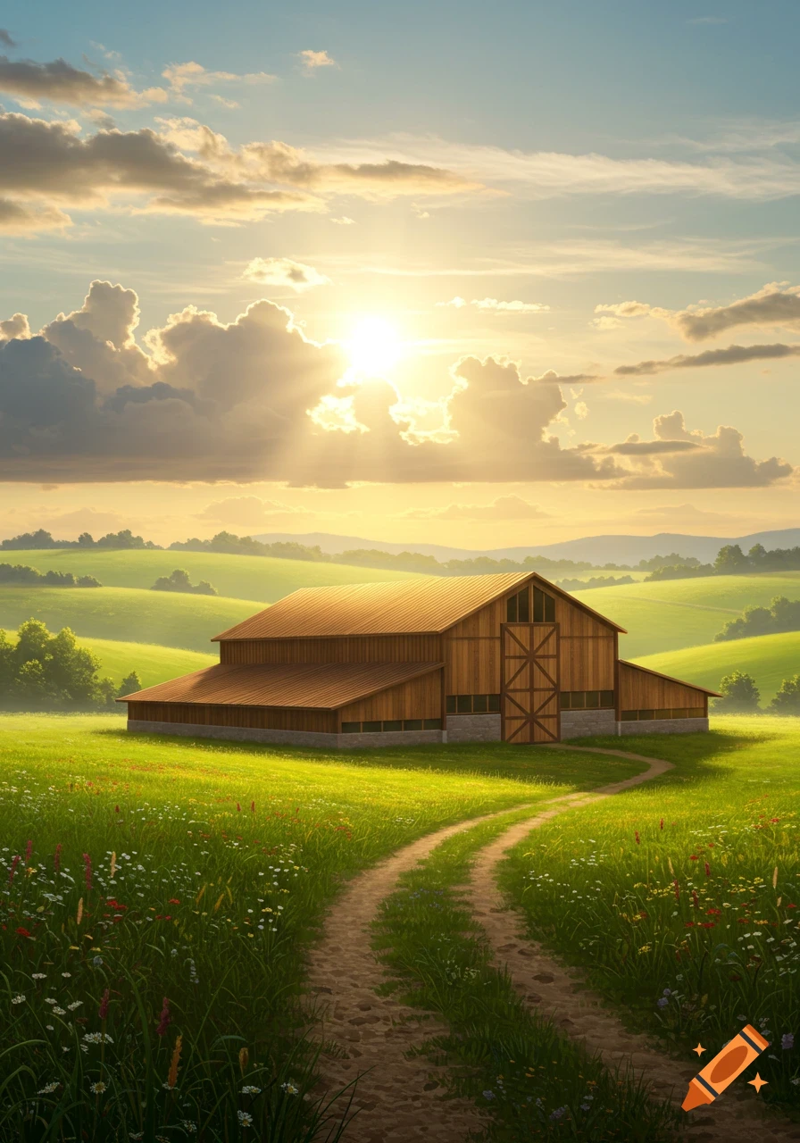 A rustic wooden barn stands in a lush green field, with a dirt path ...