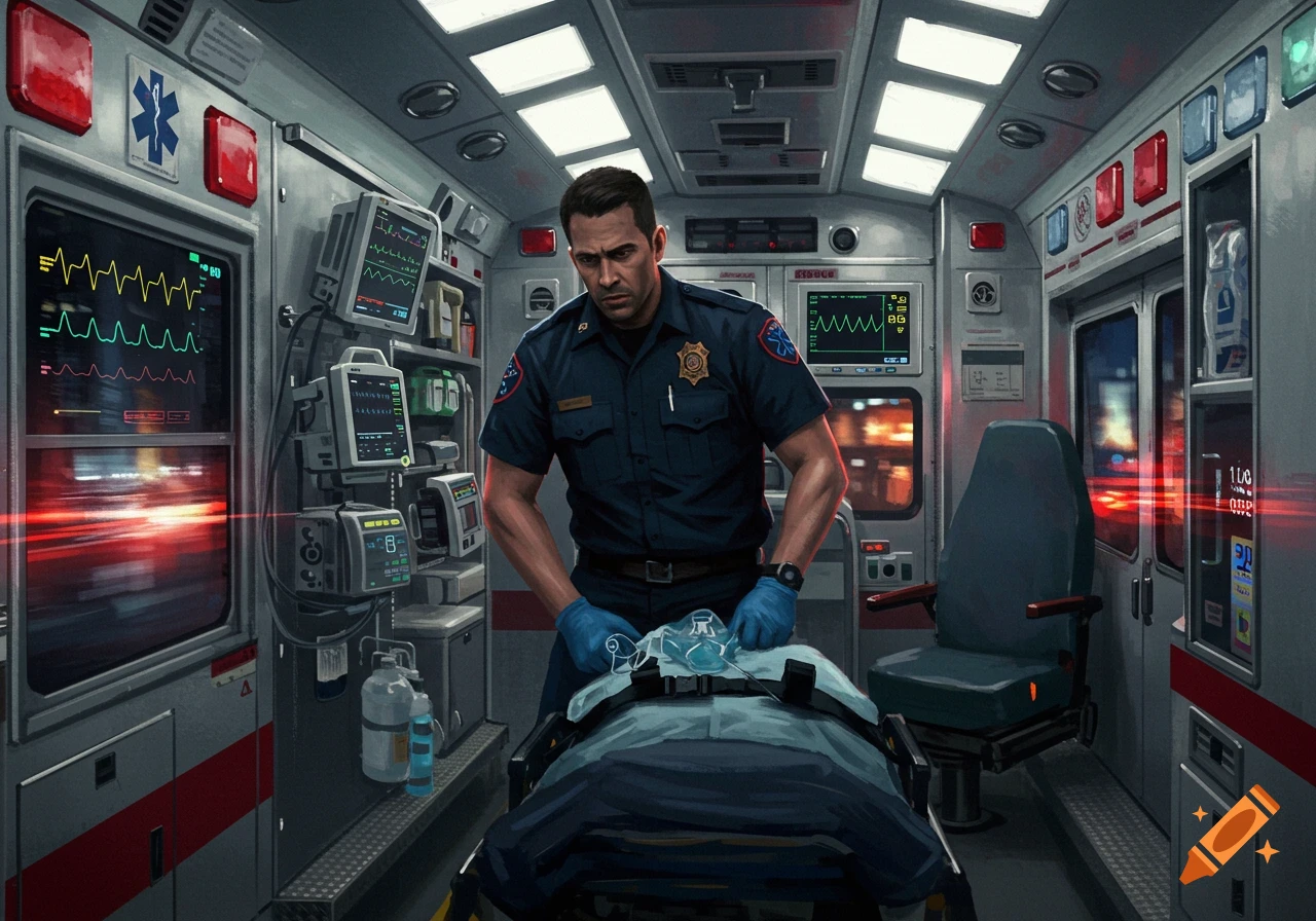 An intense male paramedic in an ambulance tends to a patient on a stretcher amidst medical equipment, with city lights blurred outside the windows.