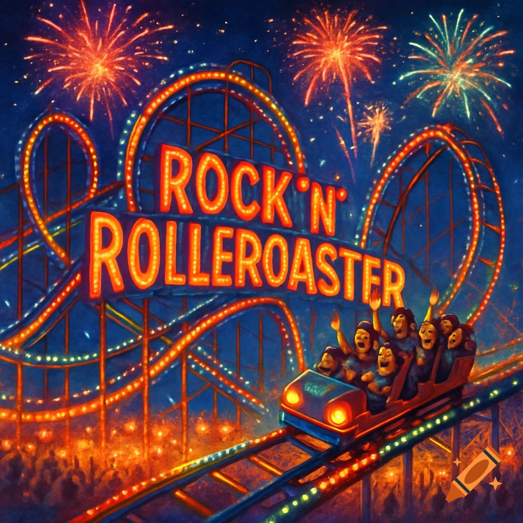 An illustration of a bright red and orange roller coaster sign that reads "ROCK 'N ROLLEROASTER" with people riding a car, set against a night sky with fireworks.