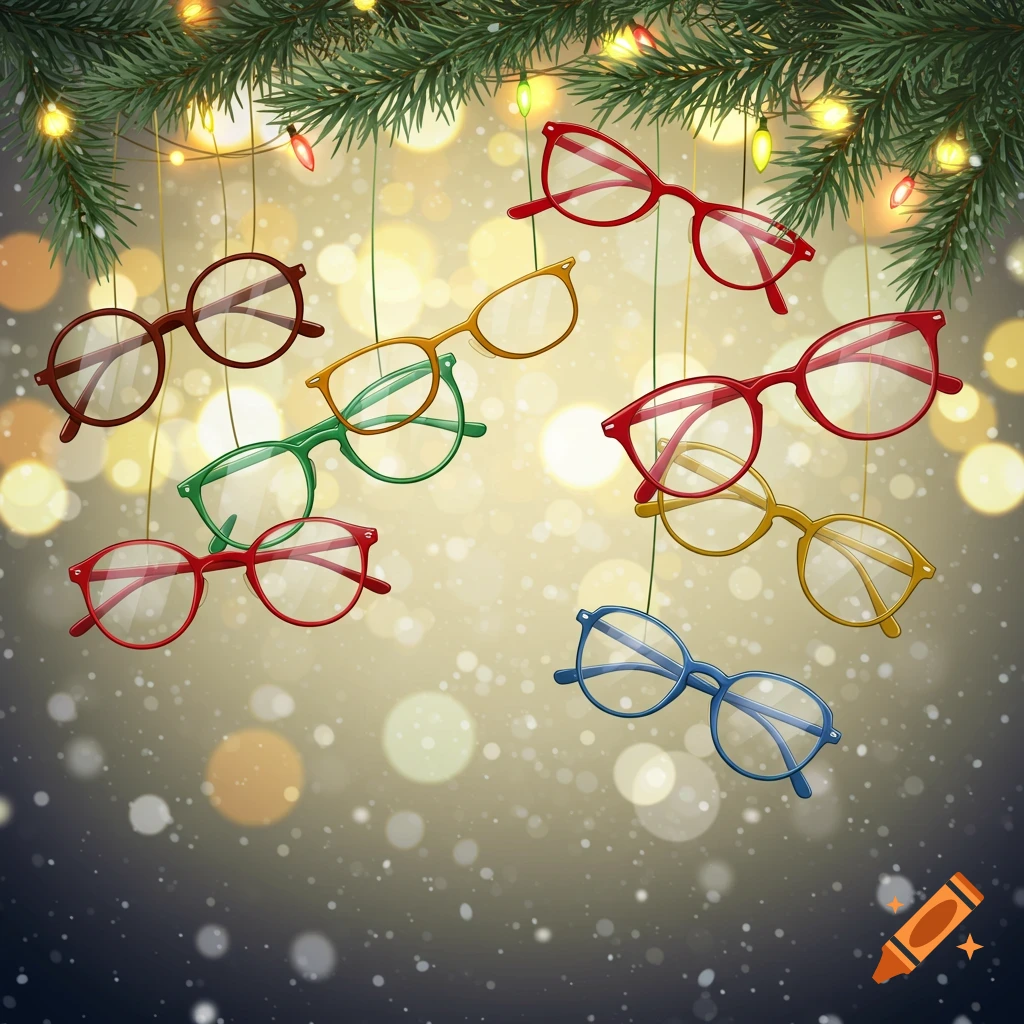Colorful glasses hang from a Christmas pine branch with string lights, bokeh, and snow in a digital illustration.