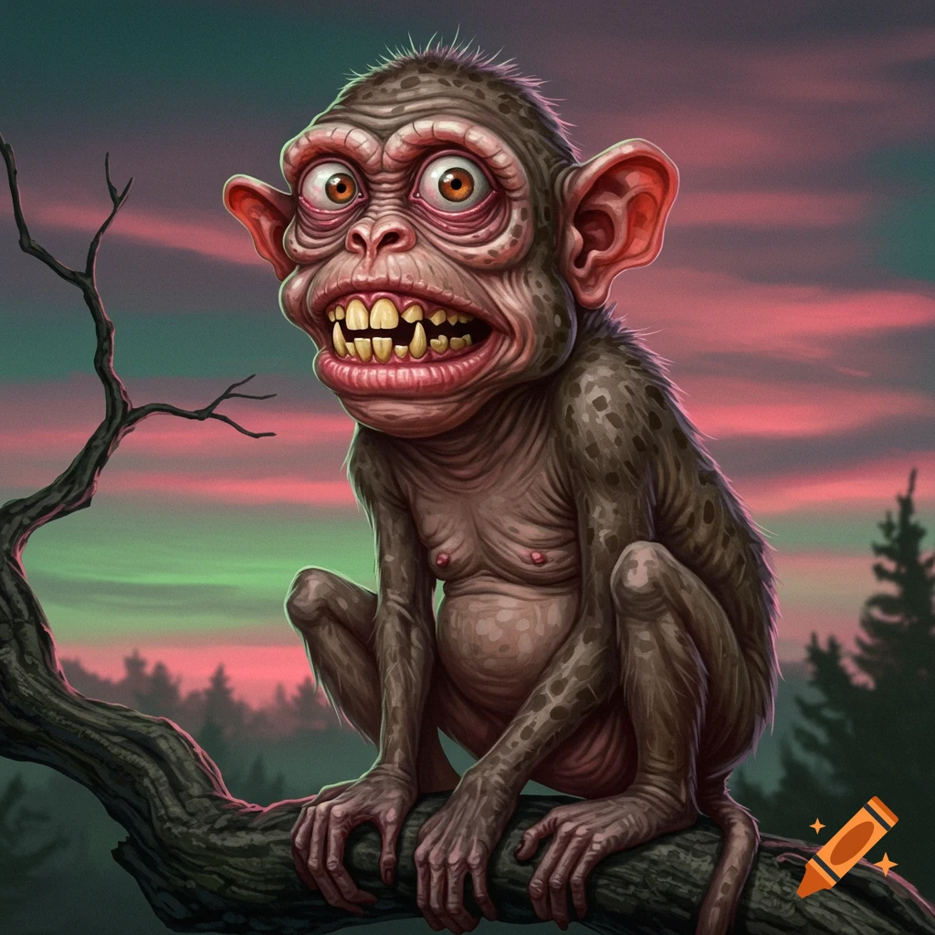 A grotesque, cartoon monkey with large eyes and yellow teeth sits on a tree branch against a vibrant pink and green sunset sky.