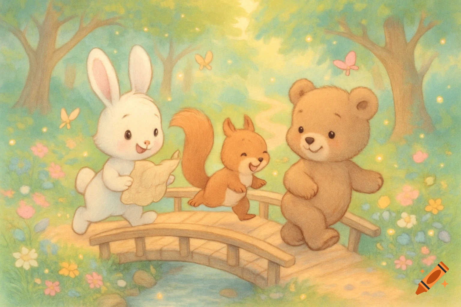A white rabbit holding a map, a squirrel, and a bear walk across a wooden bridge in a magical forest with glowing lights and flowers, in a children's illustration style.