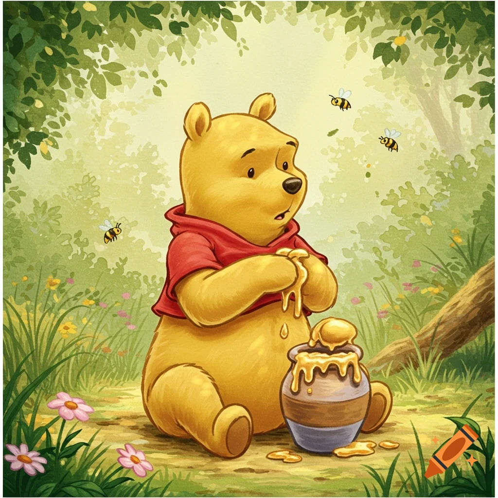 Winnie the Pooh in a red shirt sits in a forest, his hands covered in honey from a pot, with bees flying around him in a cartoon style.