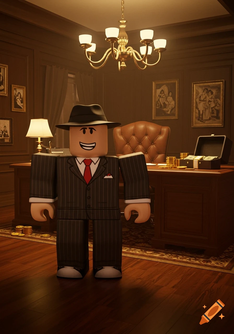 A smiling Roblox character in a pinstripe suit and fedora stands in a dimly lit, luxurious office with stacks of cash on a desk.
