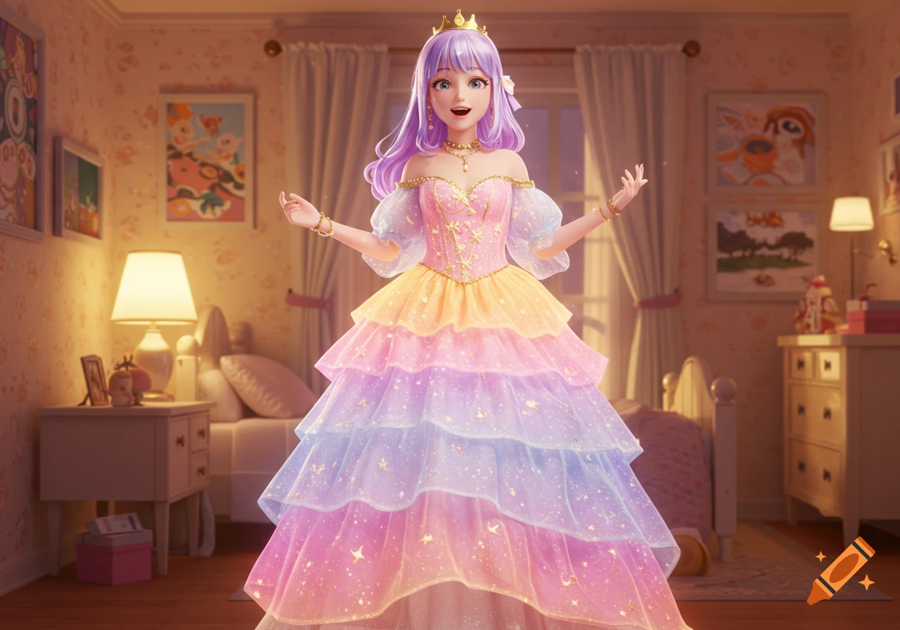 A smiling cartoon princess with purple hair and a crown wears a sparkly rainbow gown in a cozy bedroom.