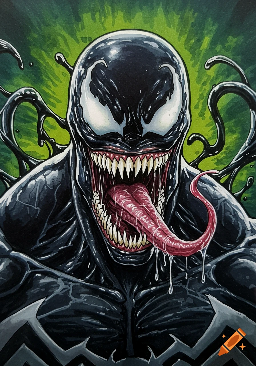 A colored sketch of Marvel's Venom, grinning menacingly with sharp teeth and a long, drooling tongue, against a vibrant green background.